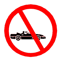 NoCar: Logo for abstinence-only driver's ed: convertible with universal prohibition symbol.