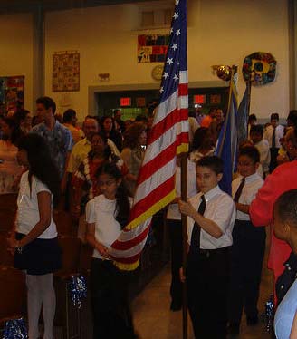Castlewood: Fifth-grade color guard at graduation ceremony, Queens, NY, Castlewood School.