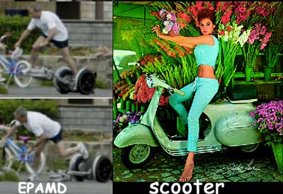 SegwayVespa: On the left, President Bush tumbles off a Segway. On the right, image from a 1963 ad for Vespa motorscooters.