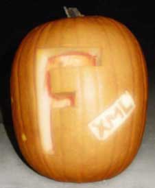 Pumpkin: Pumpkin with "F" for Feedster, plus XML tag, won Scott Johnson the 2003 prize for "Most lettered" pumpkin, not to mention "Most Koolaid."