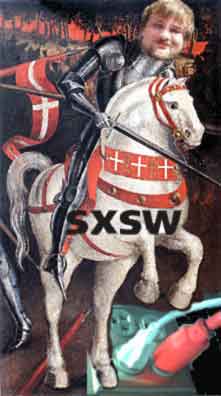 SxswKnight: Knight (Jonas M Luster) trampling sxsw policy about electrical outlets.