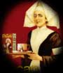 Droste: Dutch cocoa box--note infinite regression of ladies holding trays with cocoa boxes.