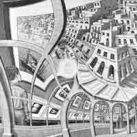 Escher: Escher print showing infinite regression of man looking at picture of complex scene that includes same man looking at same picture of same scene...