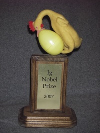 2007 Ig Nobel prize trophy with plastic chicken and egg